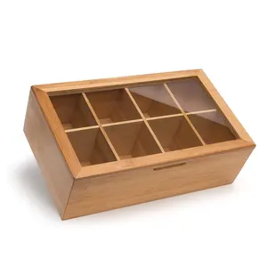 Boîte d'emballage en bambou de taille personnalisée, boîte de rangement de sachets de thé, boîte d'organisation 8 compartiments de poitrine réglables, boîtes cadeaux en bois avec couvercle