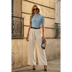 Camiseta de Punto para Mujer, Cuello Alto, Manga Corta, Corte Ajustado, Color Azul Claro, Estilo Casual, para Todas las Temporadas, Tejido de Punto Acanalado Suave - Product Image 5