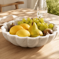 Bol à fruits WeiVibe en marbre blanc, coquille de pierre naturelle veinée grise, plat de service festonné, centre de table pour la décoration de la maison