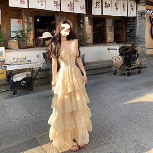 Robe longue de princesse Tea Break Escape pour femme, collection été 2025, style jardin, danse légère, loisirs, resort, amincissante, taille cintrée, col cœur - Product Image 4