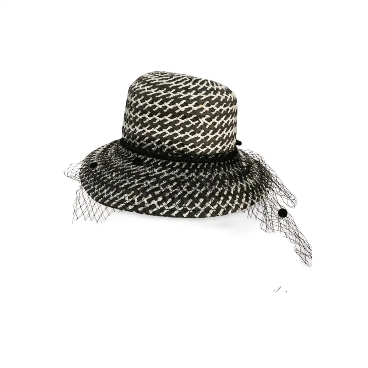 Topi jerami wanita Perancis, elegan gaya sosialite hitam putih warna campuran kertas topi Crochet dengan kerudung