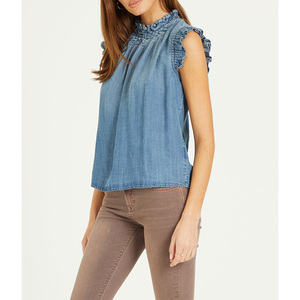 Camicette estive <span class=keywords><strong>senza</strong></span> <span class=keywords><strong>maniche</strong></span> da donna con colletto a balze e chiusura con bottoni a <span class=keywords><strong>maniche</strong></span> arricciate blusa blu Denim da donna - Product Image 2