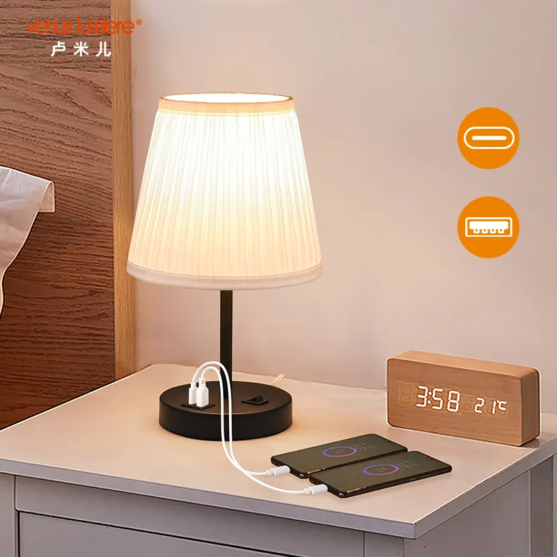 Customizable Empire Pleated Fabric Shade Metal Base LED Table Lamp with Dual USB Charging Ports