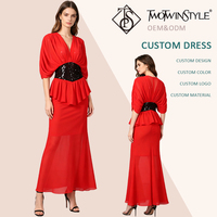 Elegantes Rotes Chiffon-Peplum-Maxikleid für Damen mit V-Ausschnitt, Halblangen Ärmeln und Paillettenbesetzter Taille für Abendveranstaltungen, Cocktailpartys und Hochzeiten im Großhandel