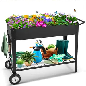 Caja de macetero para exteriores, cama de jardín elevada de Metal con ruedas, pata con estante para verduras, flores y hierbas