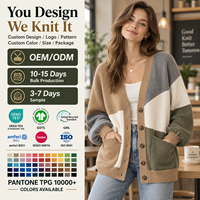 Cardigan en tricot surdimensionné à col en V pour femme, avec blocs de couleur et poches, personnalisable en gros, OEM ODM, faible MOQ