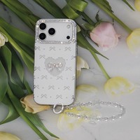 Coque de téléphone Coquette à motif nœud avec cadre d'appareil photo 3D orné de strass et de diamants, et dragonne transparente perlée pour iPhone X~17 Samsung Redmi