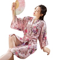 Women's Silk Satin Floral Bathrobe, Short Kimono