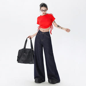OEM夏季街装复古牛仔裤宽腿风格休闲拉链低腰宽腿牛仔裤女性批发商供应商 - Product Image 4