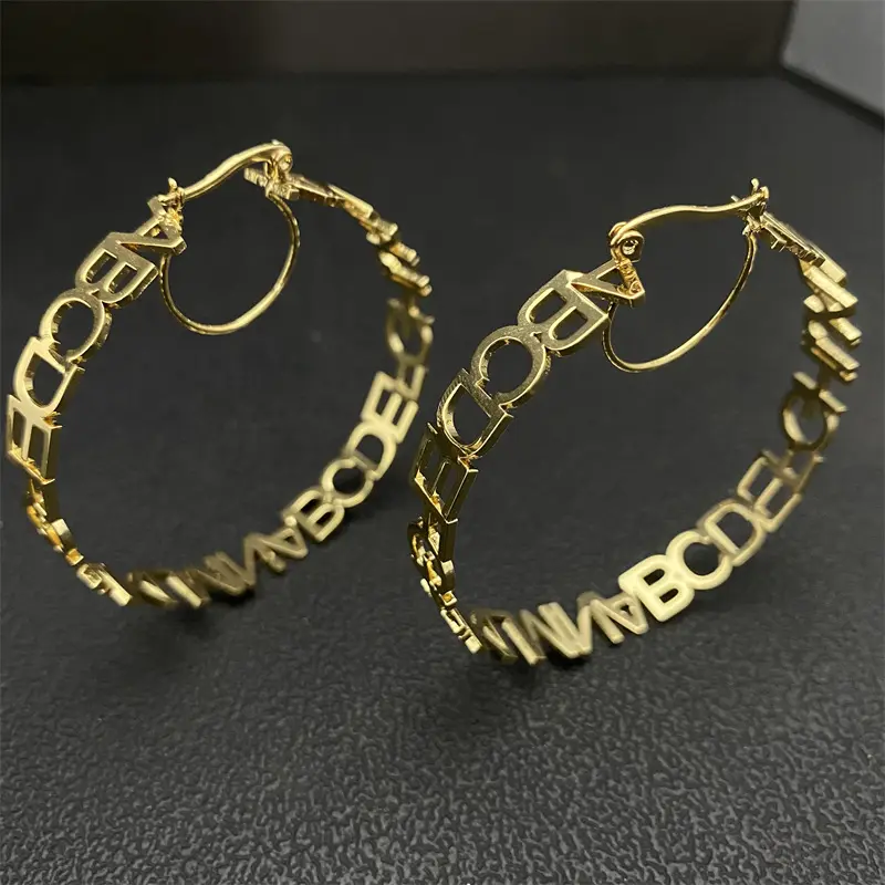 Custom Name Hoop Earrings 18K Gold Personalized Words Earrings For Women Hip Hop Big Circle Initial Jewelry