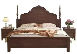Premium Queen Size Solid Wood Spindle <b>Bed</b> With Carved Curved Headboard For Vintage Bedroom - Product Image 6