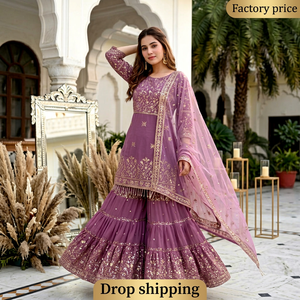 Ensemble de costume Sharara pour femmes Noiir Pigeon, design de créateur, en fausse georgette lourde, brodé de sequins |   Robe indienne sans plis pour toutes les saisons et toutes les occasions - Product Image 1