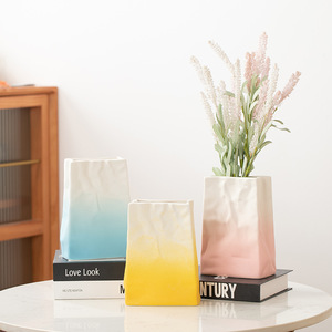 Nordic Simple Paper Bag Fold Wrinkled Gradient Color Ceramic Vase for Living Room Dried Fresh Flower Display - Product Image 2