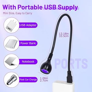 Lampe UV LED professionnelle 3W pour ongles, séchoir à manucure portable pour le durcissement du vernis gel, avec embouts col de cygne noirs, prise USB, logo personnalisable - Product Image 4