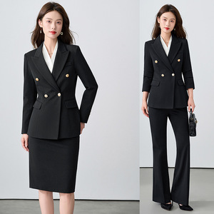 Women's Double Breasted Suit Set <b>Black</b> Wool Blend Office Lady Professional <b>Work</b> Wear Full Sleeve Anti Wrinkle - Product Image 1