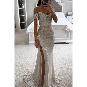 Damen Gold Meerjungfrau Pailletten Abendkleid Glitzerndes Ballkleid mit Schulter-Schlitz Langes Festliches Kleid für Sommersaison - Product Image 3