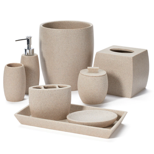 Ensemble d'accessoires de salle de bain 8 pièces en résine élégante et écologique, effet marbre : distributeur de savon, gobelet, plateau, porte-brosse à dents - Hôtel - Product Image 1