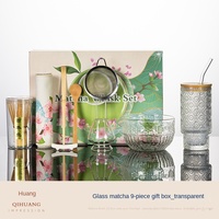 Ensemble Matcha Traditionnel Bleu LH Fait Main avec Cuillère en Verre, Bol à 100 Dents, Bec Verseur, Chasen, Style Japandi, Portable, pour Fêtes, Modèle Chine 6000