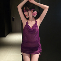 Ensemble de pyjama sexy en dentelle et résille pour femme, deux pièces, haut court et mini-jupe, lingerie romantique inspirée de la lingerie de nuit