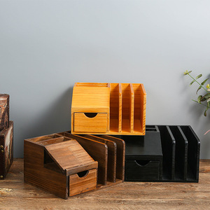 Estante de almacenamiento de papelería de madera con cajones, organizador de escritorio rectangular para uso en el hogar y la oficina, Color negro Natural, estilo Retro - Product Image 1
