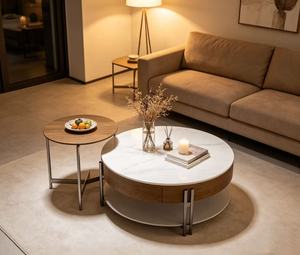 Modern Round <b>Marble</b> <b>Top</b> Coffee <b>Table</b> With Storage Wood Metal Frame Living Room Furniture - Product Image 1