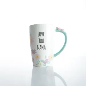 Gift Holiday Ceramic mug with special petal handle Perfect for Coffee, latte, Cappuccino, Tea, Cocoa, Cereal, Hot Chocolate