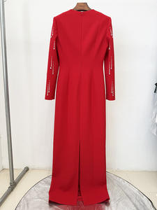 A11537 Vestido <span class=keywords><strong>de</strong></span> Noche Formal Rojo Elegante <span class=keywords><strong>para</strong></span> <span class=keywords><strong>Mujer</strong></span>, Vestido Largo <span class=keywords><strong>de</strong></span> Manga Larga con Pedrería y Diamantes, Corte A <span class=keywords><strong>de</strong></span> Cintura Alta - Product Image 4