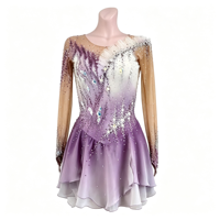 Robe de patinage artistique dégradé violet menthe, manches longues, dos en V profond, strass, costume de performance de patinage personnalisé pour enfants, adolescents et adultes