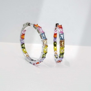 Precio de fábrica, pendientes de plata de ley 925 con piedra arcoíris grande, pendientes colgantes únicos de moda, pendientes de circonia coloridos de verano. - Product Image 2