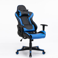 Silla de Juego para PC de Cuero Azul con Almohada Lumbar y Respaldo Reclinable de 180 Grados, Silla de Oficina Ajustable para Juegos