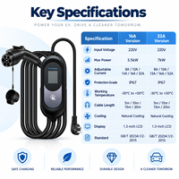 Chargeur EV portable GB/T CQC 16A 32A 220V 3.5kW 7kW avec écran LCD 2.4 pouces, charge programmée, courant réglable, IP67, pour la maison, fournisseur OEM ODM