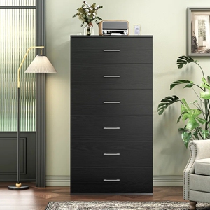 Commode haute en bois MDF noir et blanc avec 5 tiroirs pour rangement de photos et objets domestiques - Product Image 2