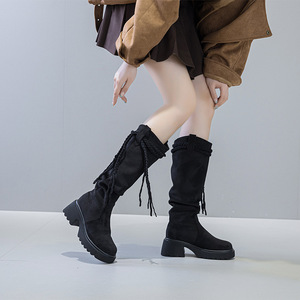 Women's Below-Knee Long Boots, 2026 New Tassel Ruched Slouchy Boots <b>Block</b> Heel Woven Mid-Calf Rider Boots - Product Image 2