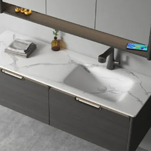 Meuble mural flottant en contreplaqué résistant à l'humidité avec double tiroir de rangement pour salle de bain de villa moderne et minimaliste - Product Image 5
