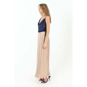 Women's Elegant Pleated Long Satin Skirt, Flowy High Waist A-Line Design, Soul Brand, Beige Color, Model 31916ETK - Product Image 2