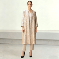 Manteau long ouvert en jacquard floral abricot minimaliste de haute qualité, manches 3/4, col en V, vêtement d'extérieur simple et modeste, manteau de luxe pour femmes