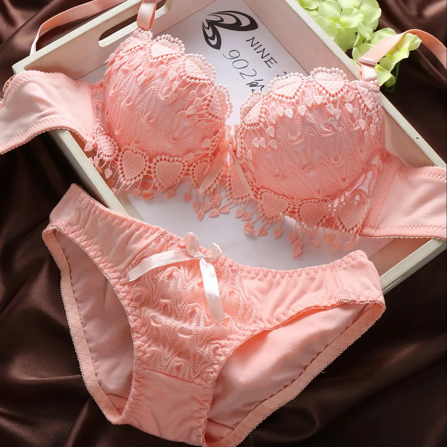 32 to 38 B Cup Lace Bra panties Sets Lovely Girls Cute Push Up Lace Underwire Embroidered Bra and brief Sets for Women