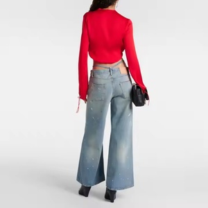 Pantalones Vaqueros Acampanados Personalizados de Alta Calidad, Estilo Casual, Lavables, con Diseño Floral, para Mujer, Venta al Por Mayor, Personalizables - Product Image 3