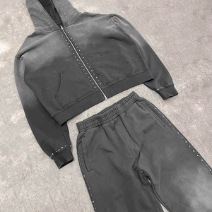 Tùy Chỉnh Người Đàn Ông Của Hoodies Axit Rửa 100% Cotton Quần Bó Sát Và Áo Đặt Rhinestone Đầy Đủ Zip up 500gsm Quá Khổ Nặng Cho Nam Giới - Product Image 4