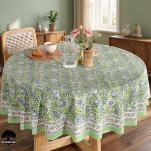 Round Printed Cotton <b>Linen</b> <b>Tablecloth</b> Floral Pattern Modern Style Handmade Customized Washable Party Use Green Blue White Design - Product Image 3