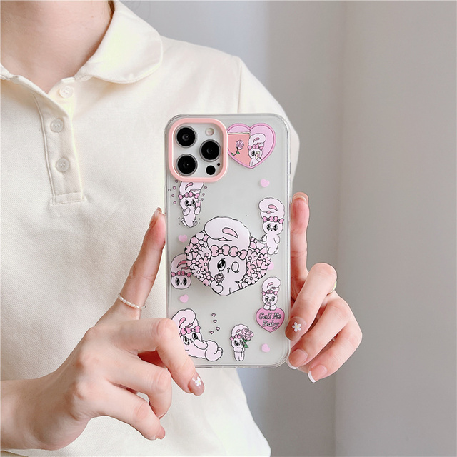 Cute Clear Shockproof Rabbit Phone Case with Bracket for iPhone 12 Pro Max 11 X XS XR 7 8 Plus SE Mobile Phone Cover