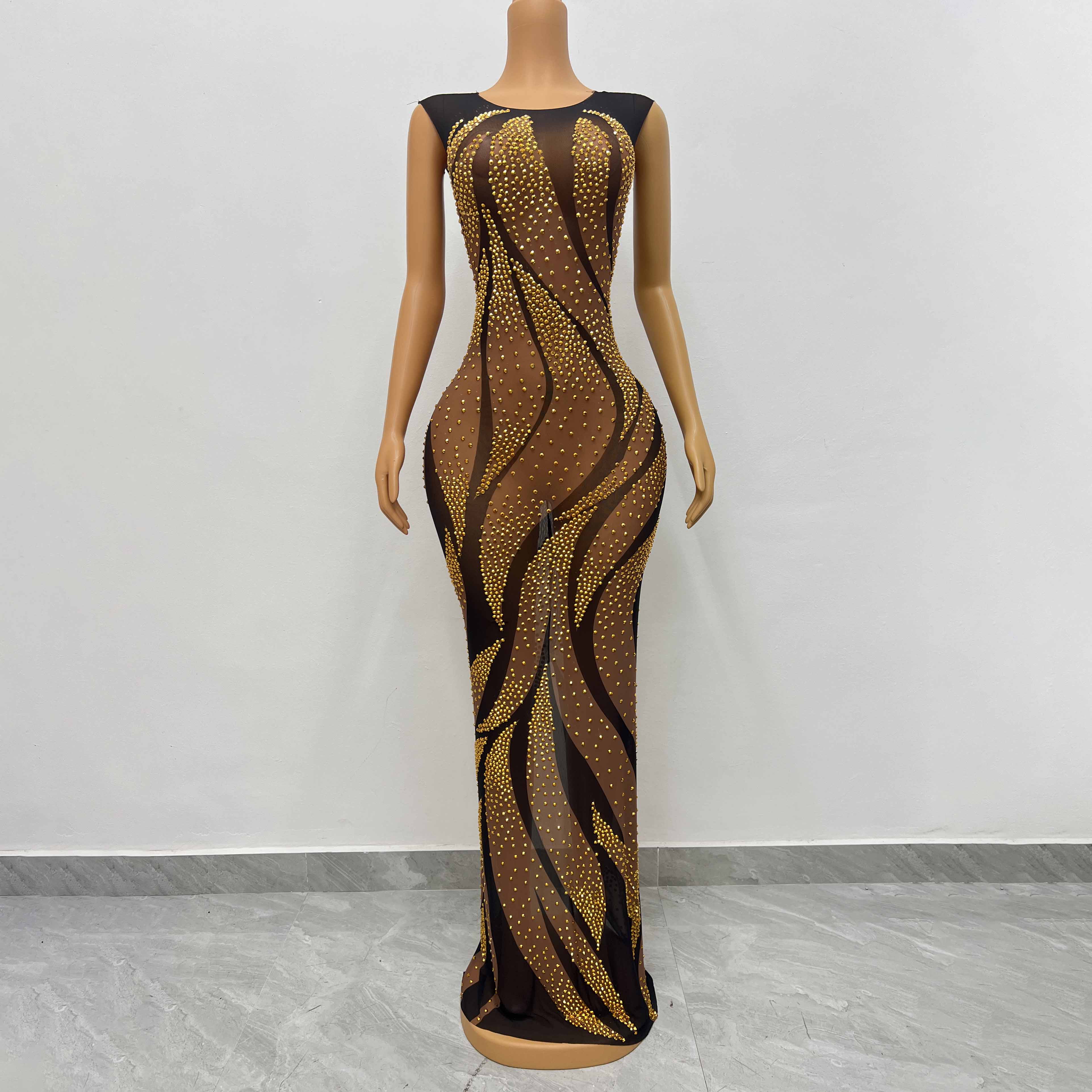 Party Dress Shiny Diamonds Elegant Sleeveless Long Gown Evening Dress Gold  Robe for Dinner Party Prom| Alibaba.com