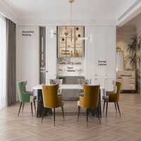 Salle à manger en cristal |   Armoires modulaires en verre cintrées |   Table en marbre blanc |   Pieds en forme d'anneau dorés |   Lustre à étages |   Charnière |