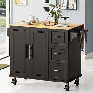 Grand chariot roulant à îlot de cuisine avec 3 tiroirs 1 armoire porte-serviettes à épices-Rangement de table de salle à manger mobile noir - Product Image 6