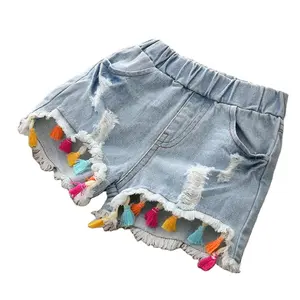 Pantalones vaqueros cortos con borlas para niñas, Shorts con agujeros, 2, 3, 4, 6, 8, 10, 12 años