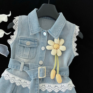 Nuovo Vestito Primaverile ed Estivo 2025 per Bambina in Stile Coreano, in Cotone Denim con Inserti in Pizzo, Modellante, per Età 3-8 Anni - Product Image 2