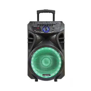 Troli Speaker Baterai Portabel Audio Led Kotak Keras Cahaya Dj dengan Usb Radio Fm Meja Kayu Isi Ulang