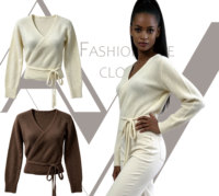 Cardigan en maille côtelée douce pour femme, style ballet, à encolure en V, à nouer à la taille, coupe ajustée, manches longues, vente en gros