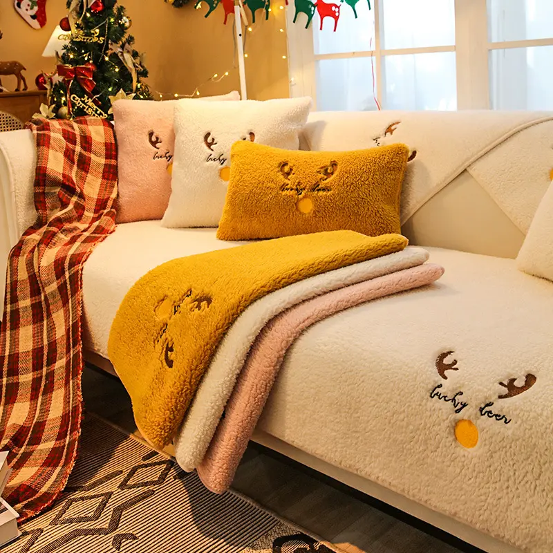 Funda de sofá de lana de cordero acogedora para invierno con logotipo personalizado, cojín antideslizante para sofá de sala de estar, 3 fundas de asiento