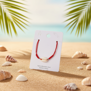 Braccialetto con Nodo Portafortuna Rosso e Conchiglia in Acciaio Inossidabile, Fatto a Mano, Bracciale Charm alla Moda - Product Image 3
